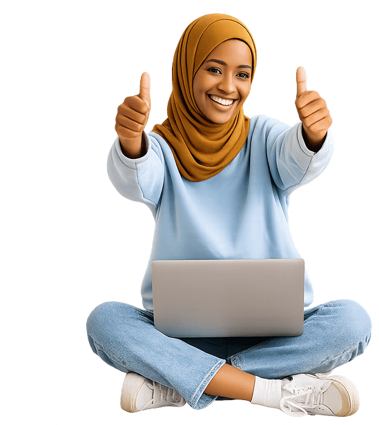 Happy student with laptop giving thumbs up
