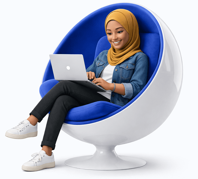 Student in egg-shaped chair with laptop, representing Dselevura Academy learning