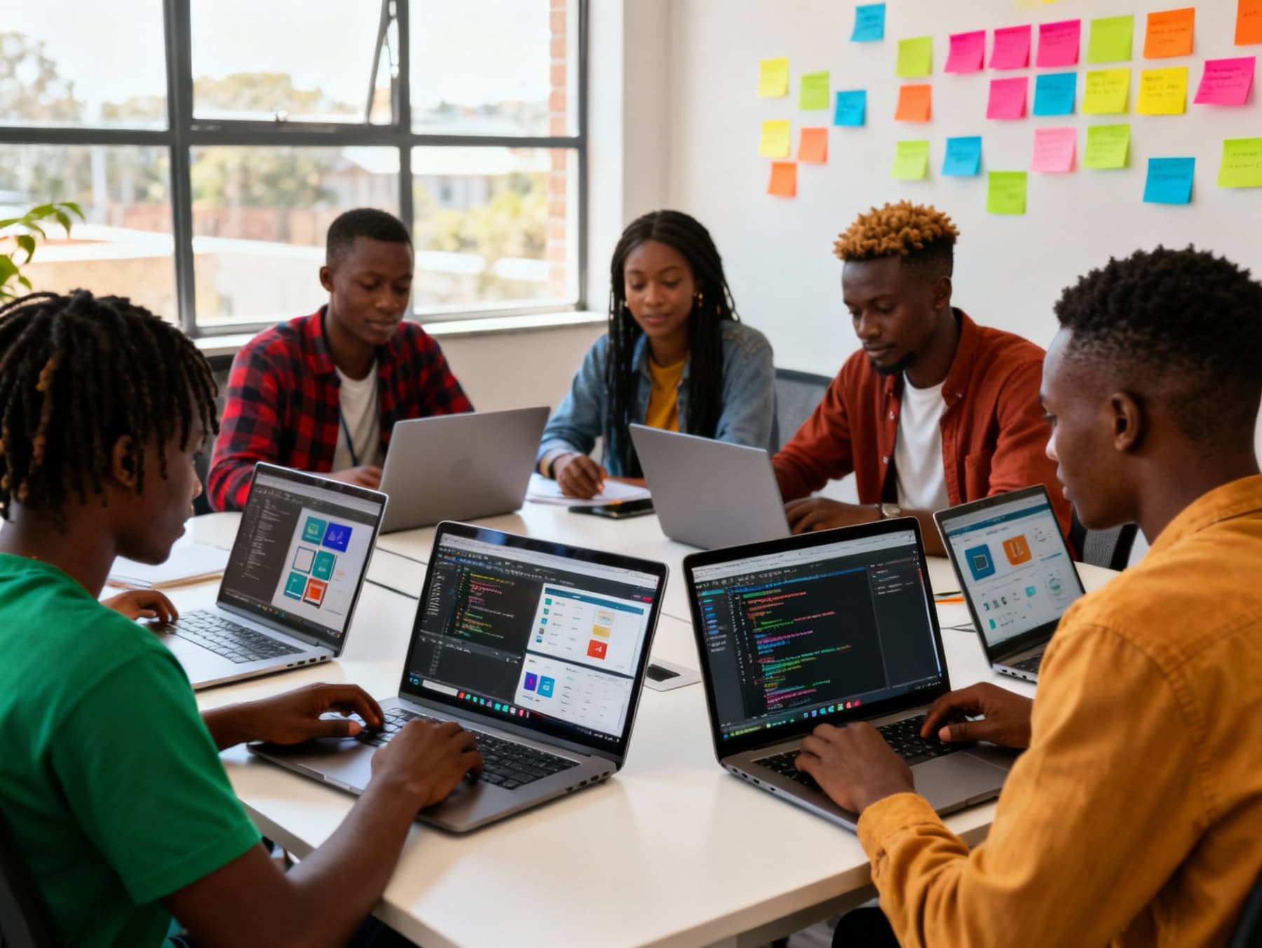 Diverse group of African software mentees collaborating on laptops