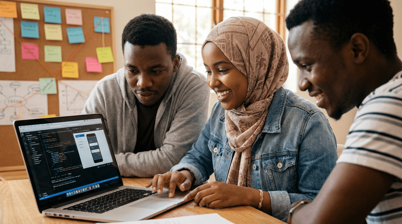 Students collaborating around a laptop at Dselevura Academy